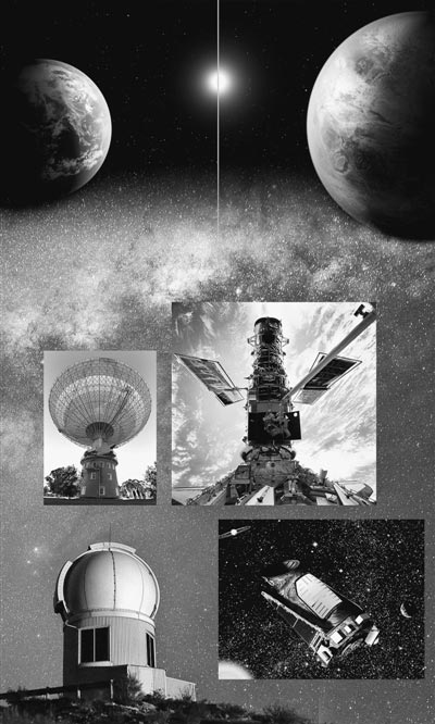地球(左)和太阳系外行星开普勒—452b的效果图和各种人类探索宇宙的"